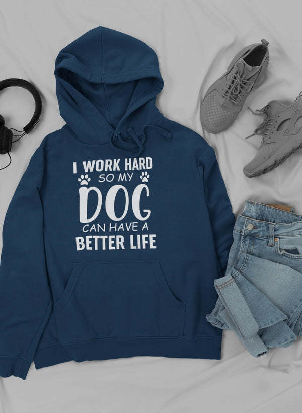 Navy blue hoodie with kangaroo pocket, drawstring hood, dog graphic chest print