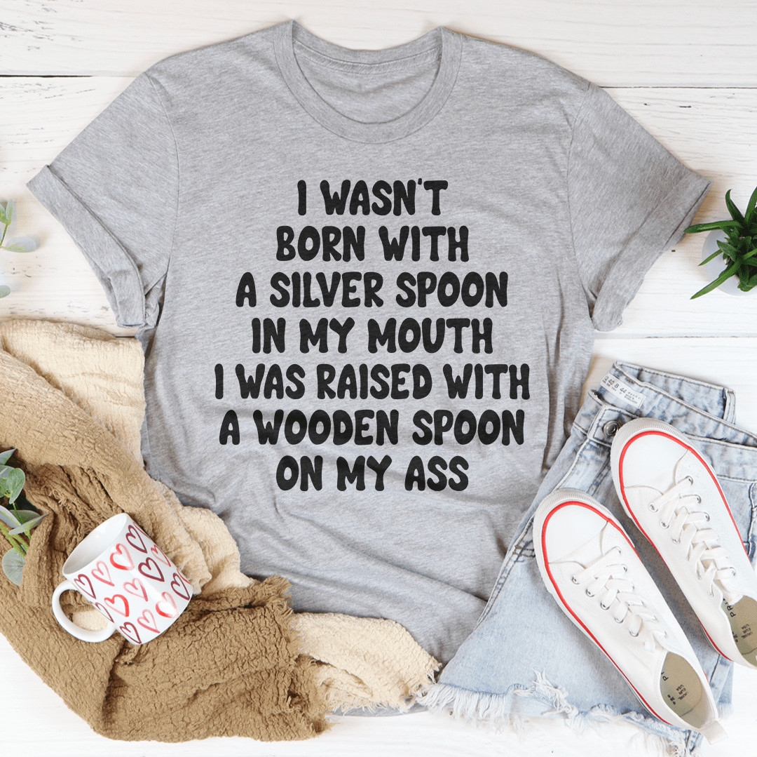 Heather gray short-sleeve T-shirt with black humorous spoon quote on chest