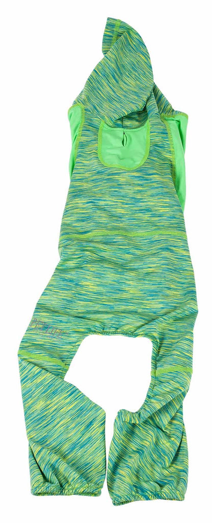 Two-toned stretch dog warm-up hoodie in green heather with rear leg openings