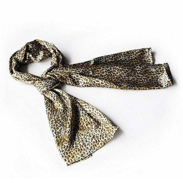 Leopard print silky scarf in tan and dark brown with knotted ends