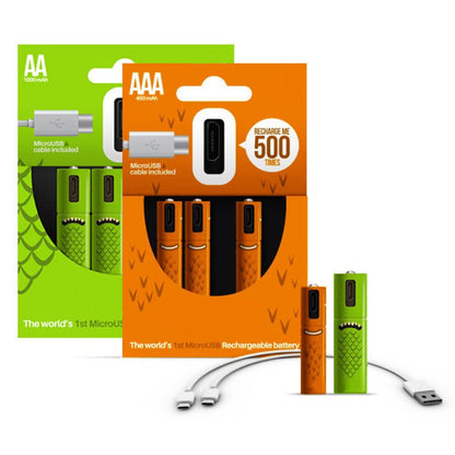 USB rechargeable AA/AAA battery pack box with green and orange battery images