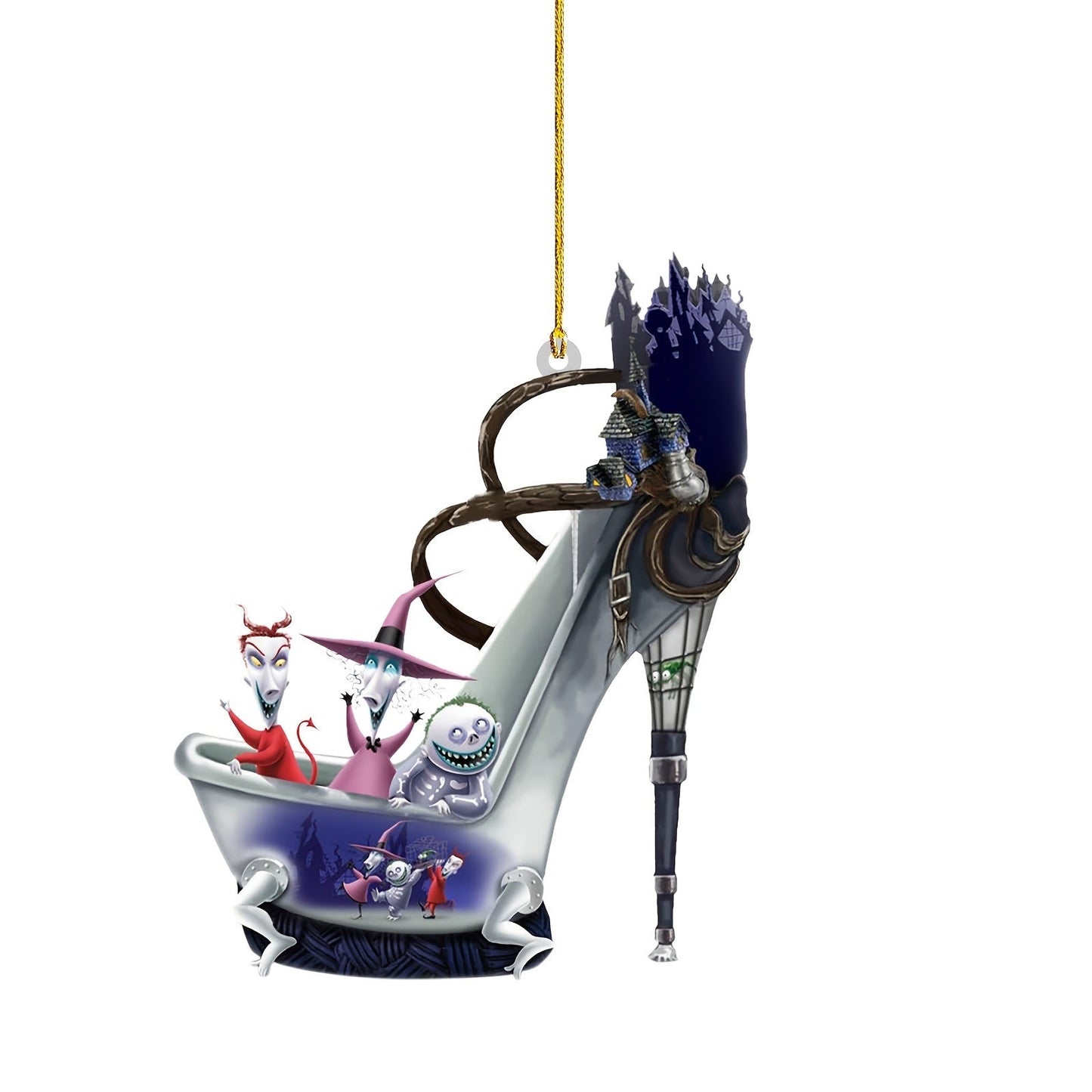Hanging blue gothic sled acrylic ornament with figures and claw-like stand, gold loop