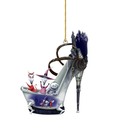 Hanging blue gothic sled acrylic ornament with figures and claw-like stand, gold loop