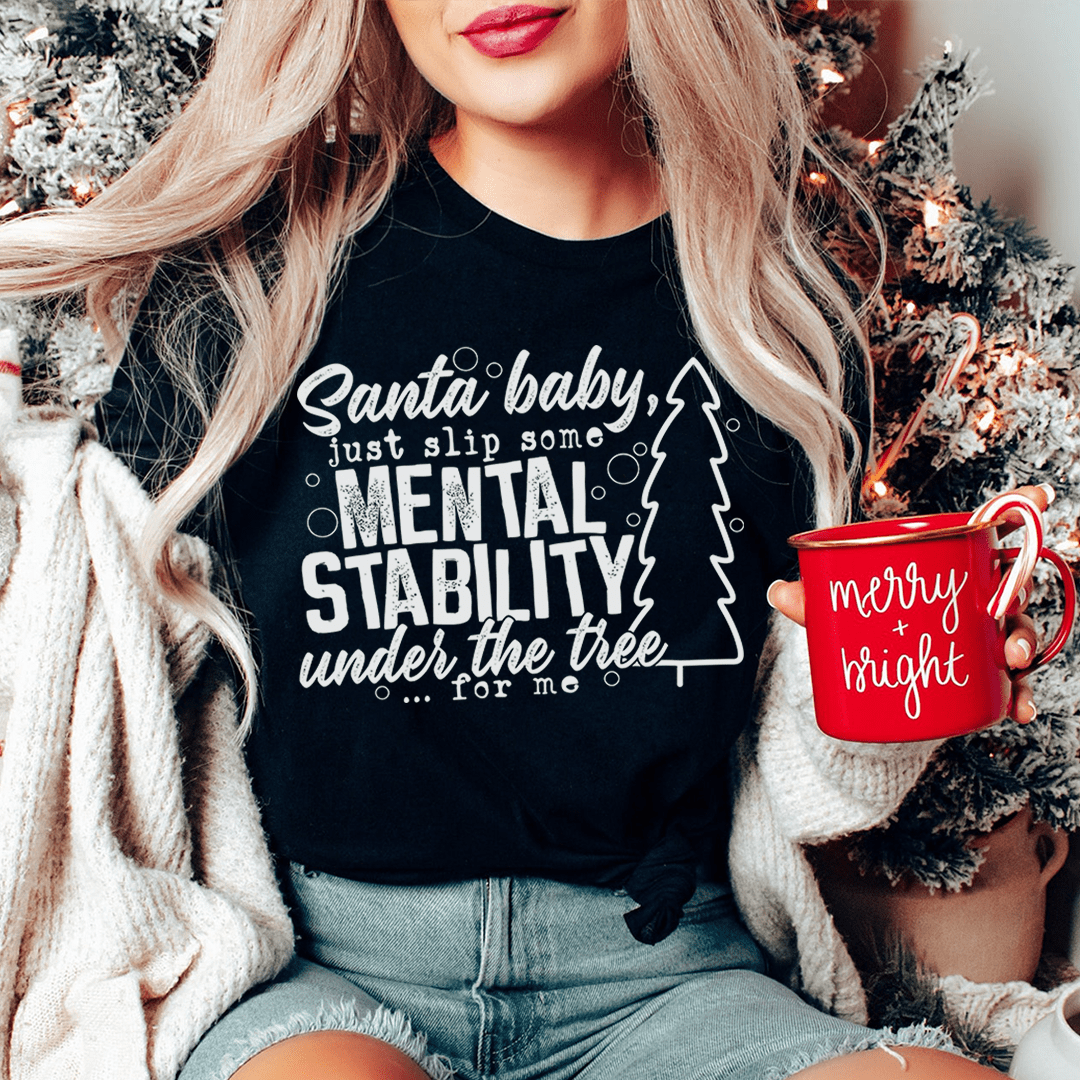 Black Santa-themed graphic T-shirt, crew neck, short sleeves, large front text