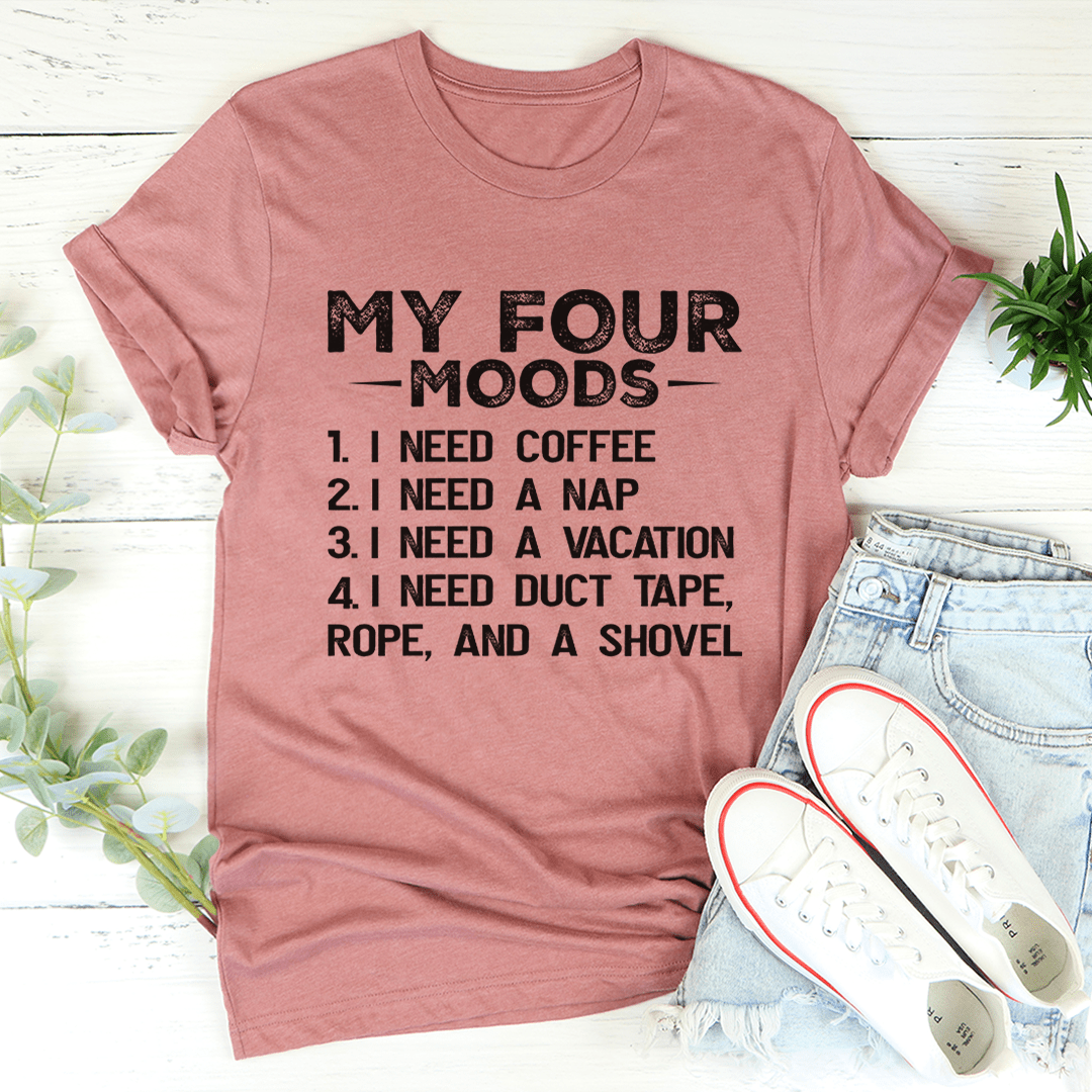 Mauve T-shirt with 'My Four Moods' graphic and coffee, nap, vacation text