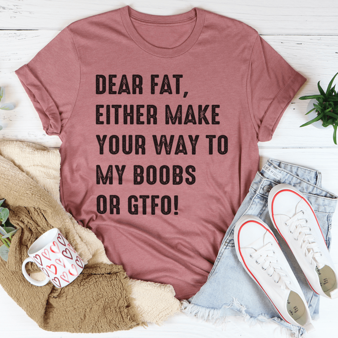 Graphic slogan "Dear Fat" T-shirt in mauve rose, crew neck, short sleeves