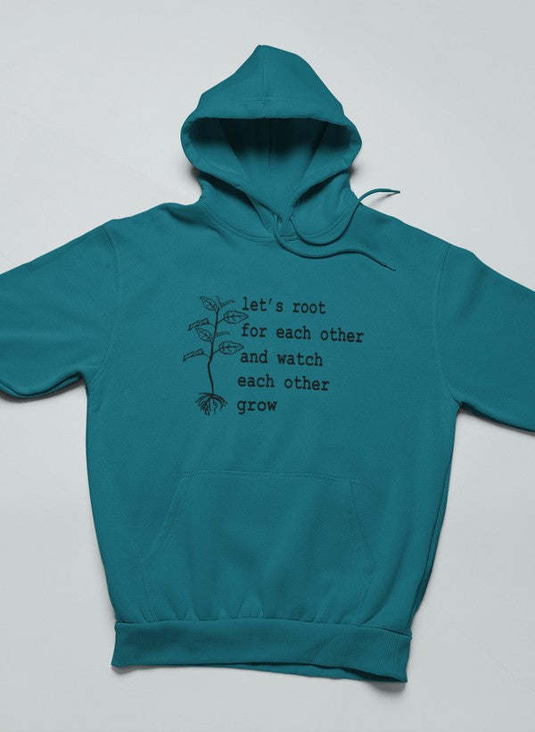 Teal hoodie with tree script graphic and front kangaroo pocket
