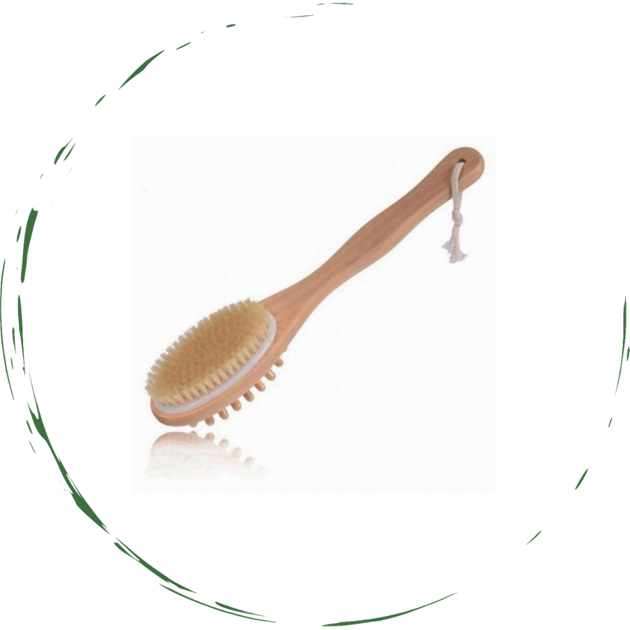 Wood bath body massage brush with oval head and tan bristles on light wooden handle