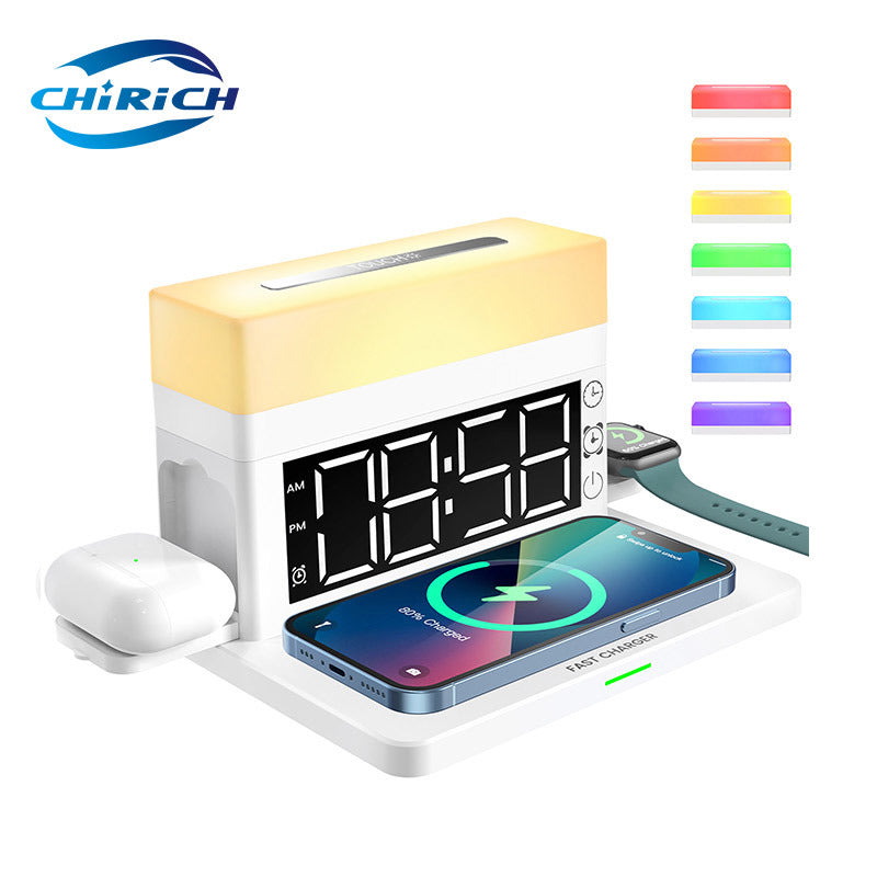 Wireless charger station with white base, digital clock display, and phone charging pad