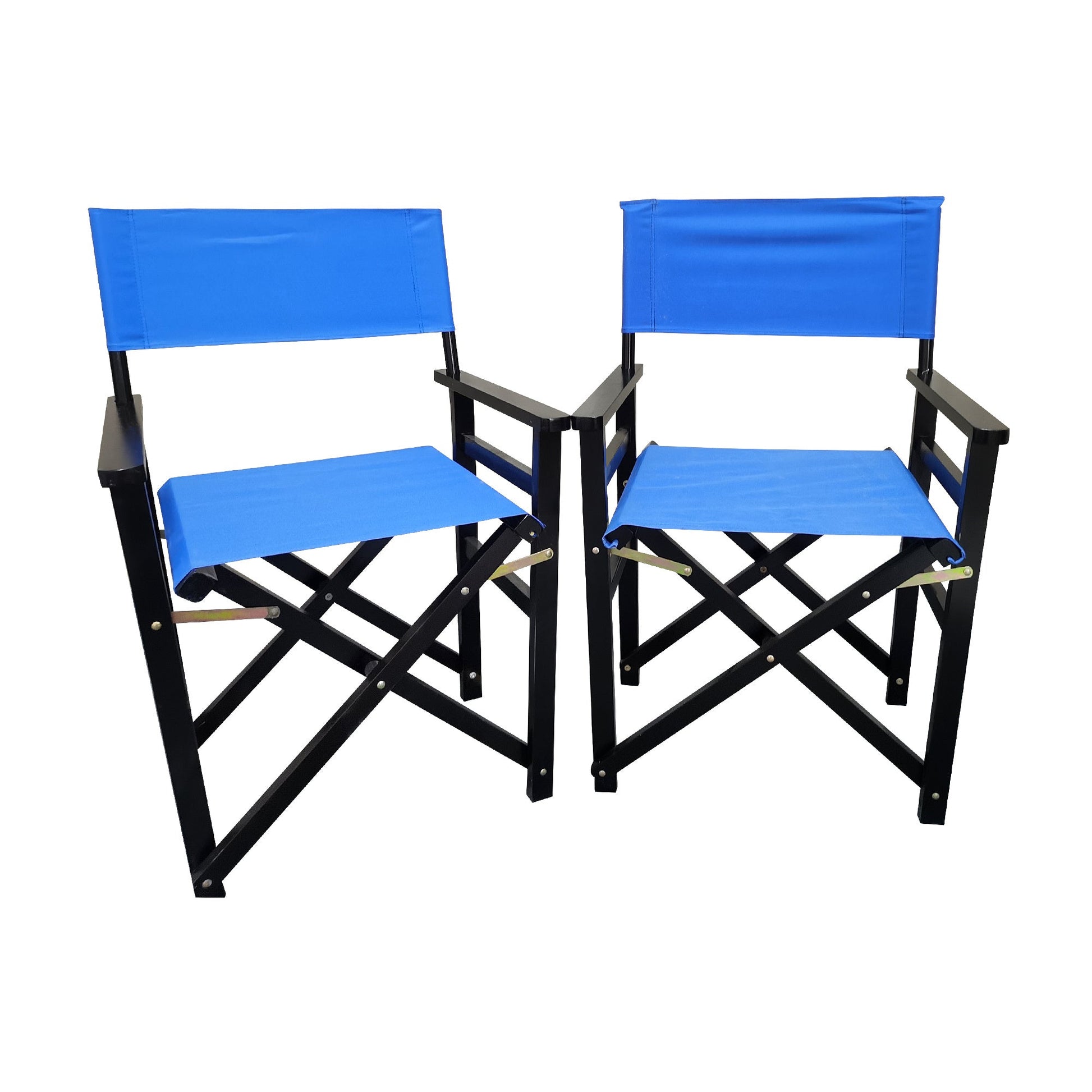 Two blue canvas folding director chairs with black wooden X-frame and armrests
