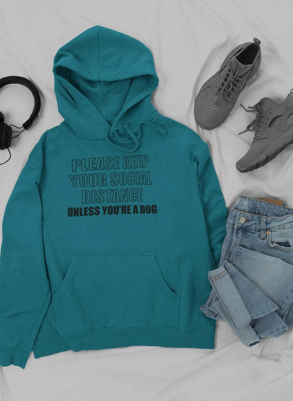 Teal hoodie with front pocket and drawstring hood, centered statement text print