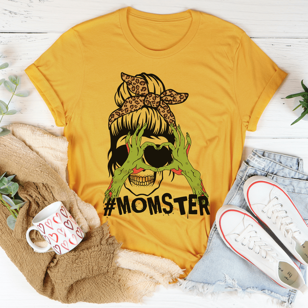 Zombie Mama T-shirt, golden yellow, #MOMSTER zombie skull graphic, crew neck