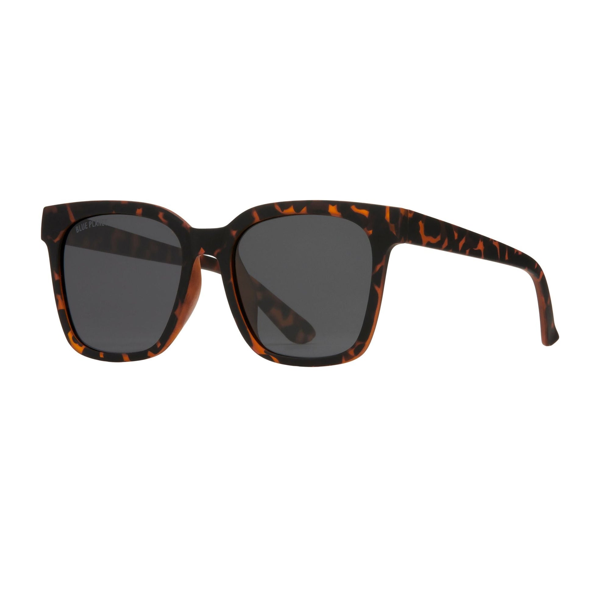 Polarized sunglasses with tortoiseshell square frame and dark tinted lenses