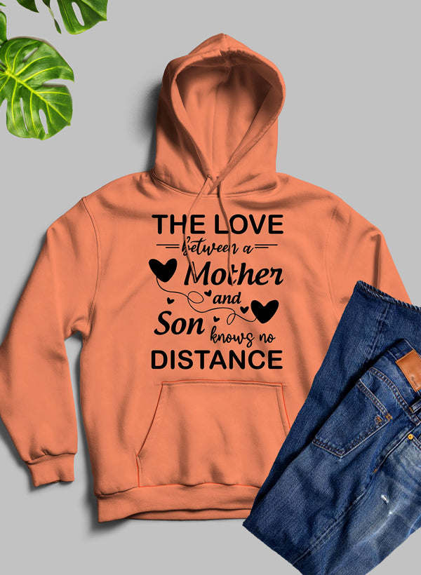 Orange hoodie with drawstring hood and heart Mother and Son distance graphic