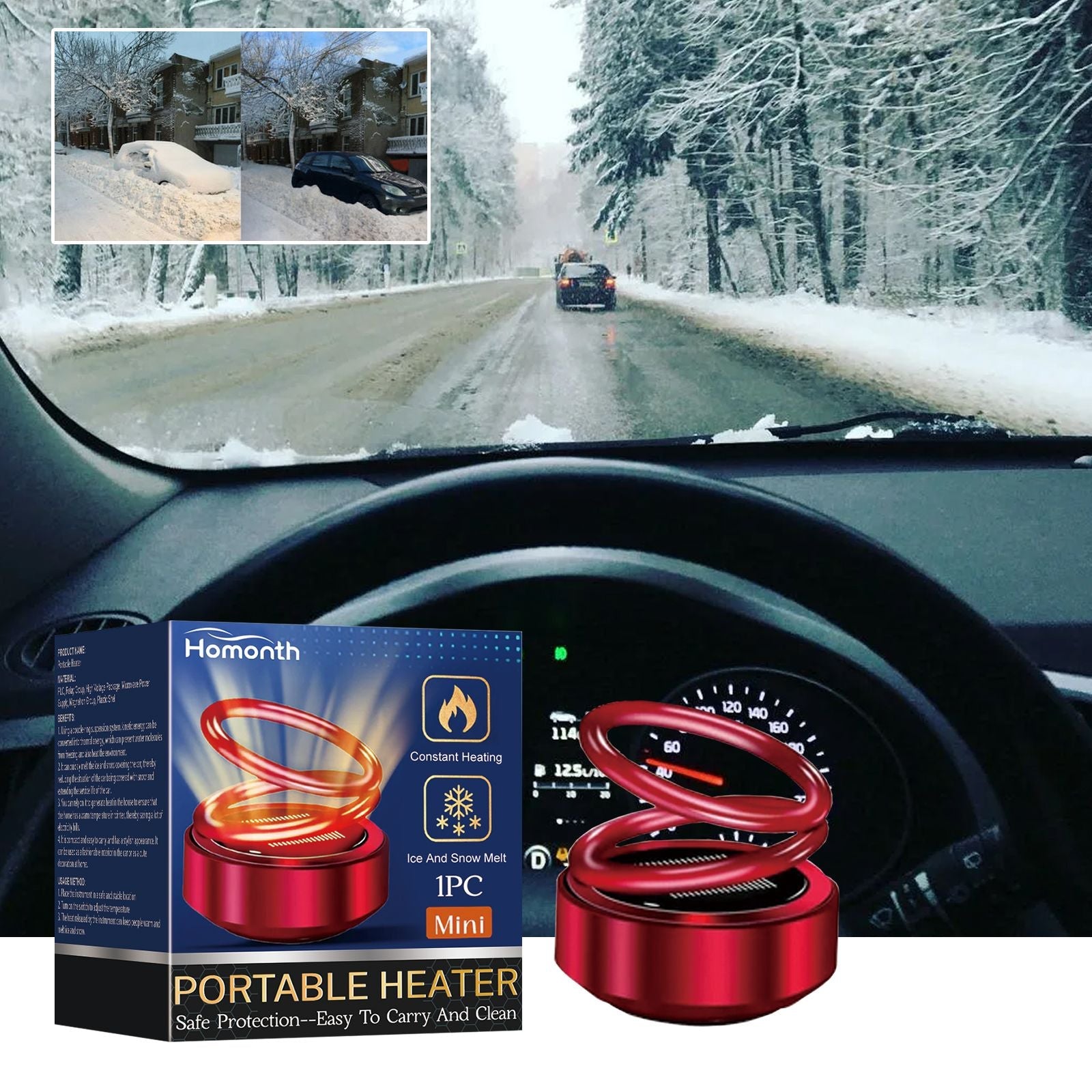 Portable heater on car dashboard, red mini device with glowing double ring