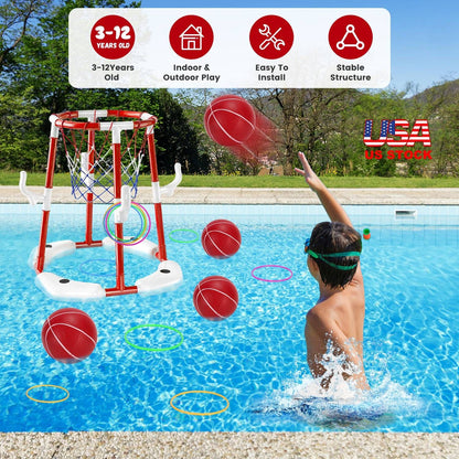 Summer Pool Basketball Hoop Toy Set With 4 Basketballs 4 Circles Pump Floating Swimming Pool Basketball Games Poolside Water Play Toy For 3-12Years Old Kids Adults