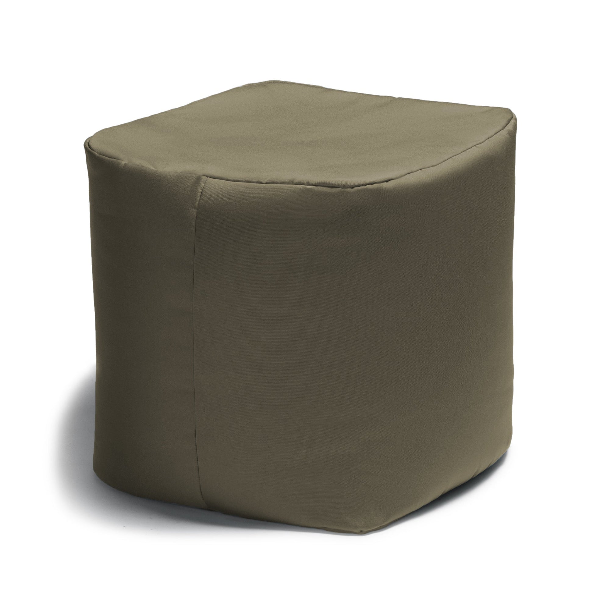 Taupe outdoor bean bag ottoman with square padded top and stitched seams
