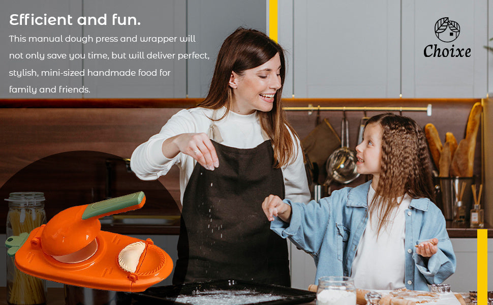 Orange manual dough press in use on countertop during dough wrapping