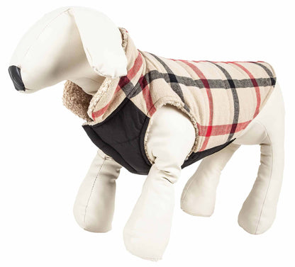 Insulated dog coat with cream fleece hood lining, beige plaid sleeves, and black center panel