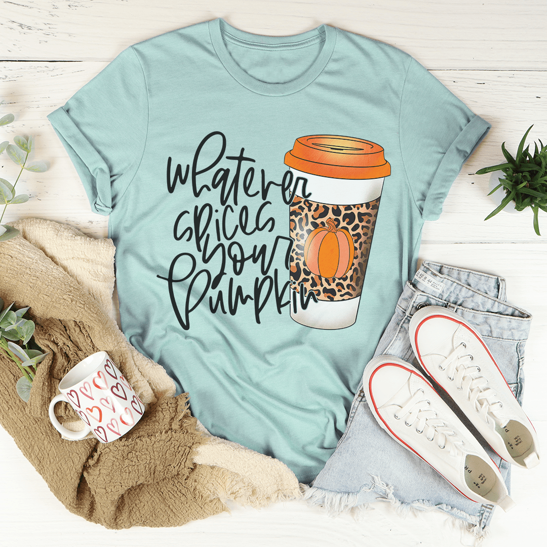 Teal short-sleeve T-shirt with coffee cup graphic and cursive wording