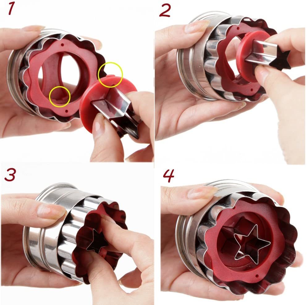 Hands snapping red cookie cutter inserts onto stainless rings for star and heart molds