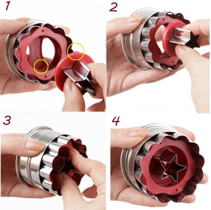 Hands snapping red cookie cutter inserts onto stainless rings for star and heart molds