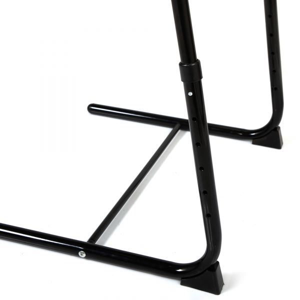 Black folding TV tray table base with tubular legs and height adjustment holes