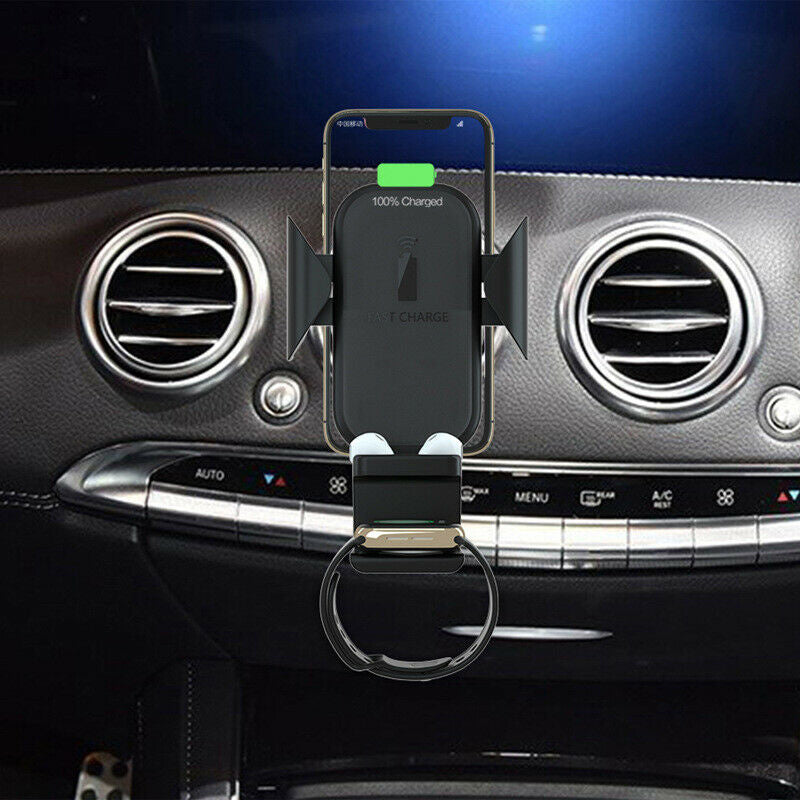 Wireless dashboard phone charger mount with phone cradle and charging indicator, black