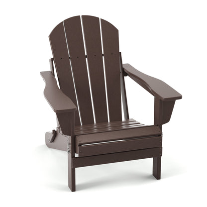 Folding Adirondack-style patio chair with tall slatted back and wide arms in dark brown.