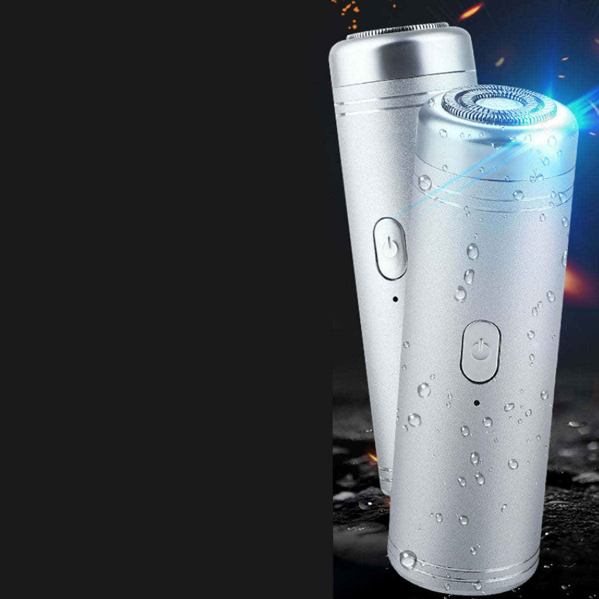 Silver electric shaver with water droplets and illuminated blue indicator