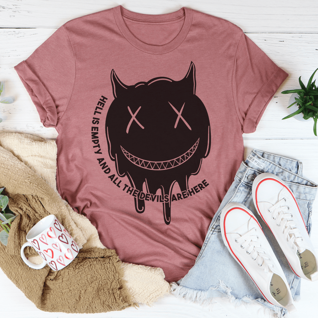 Mauve crew neck T-shirt with black devil face graphic, horns, X eyes, grin