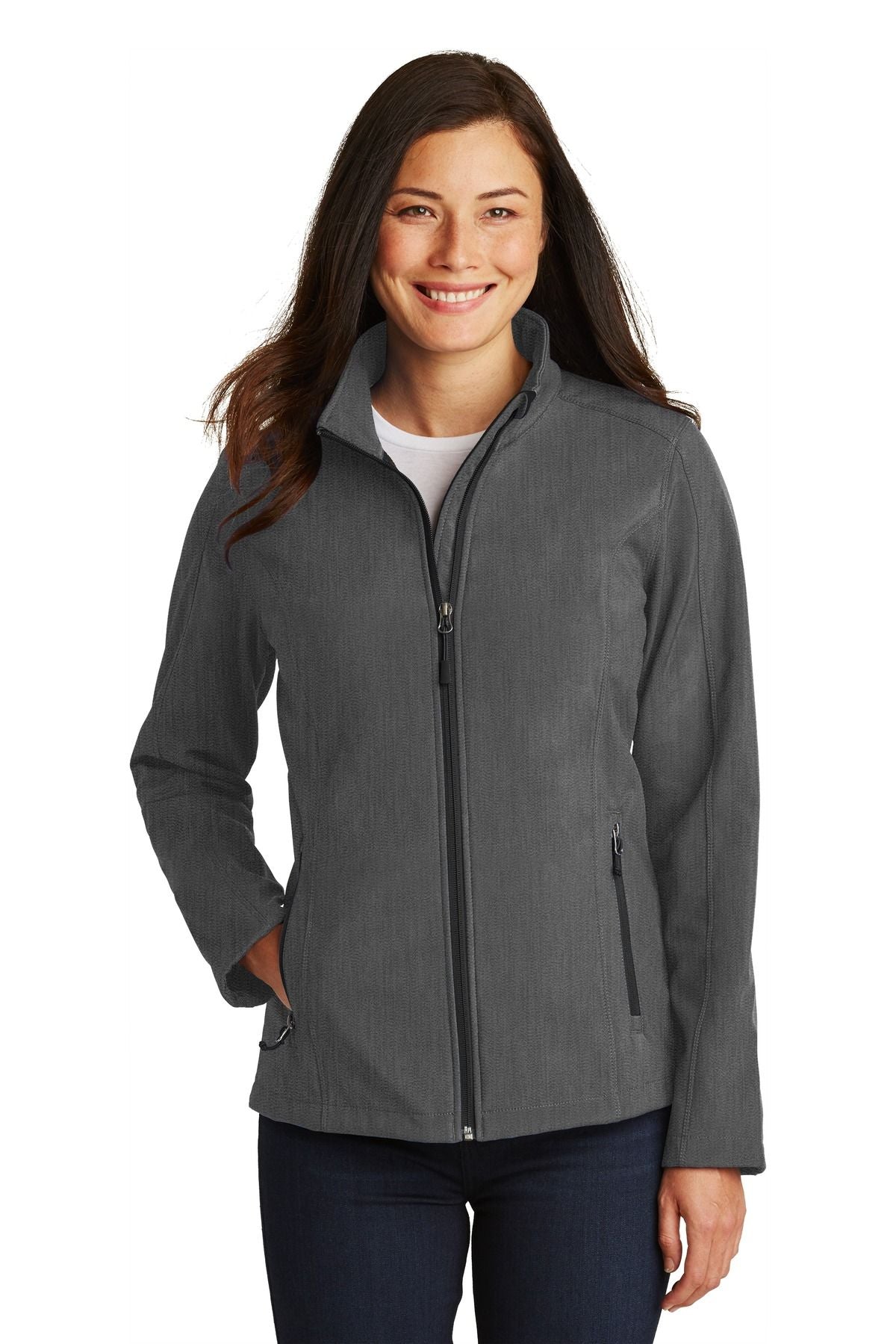 Ladies soft shell jacket, dark gray, full-zip with stand collar and side zip pocket