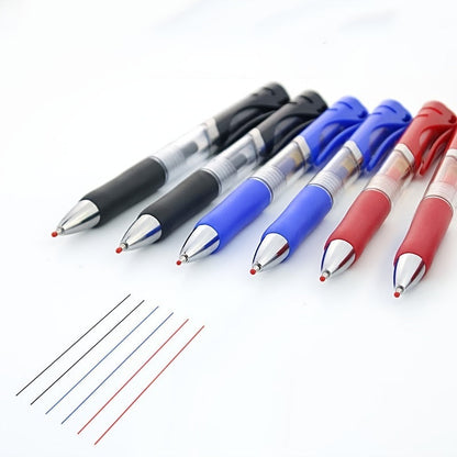 Three-color gel pen set with red, blue, and black pens; includes refill sample lines