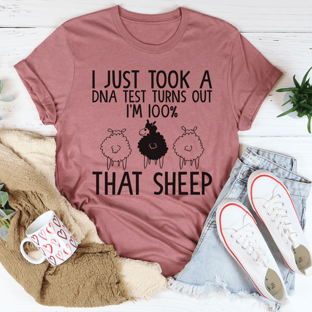 Mauve T-shirt with sheep DNA quote and 100% that sheep graphic