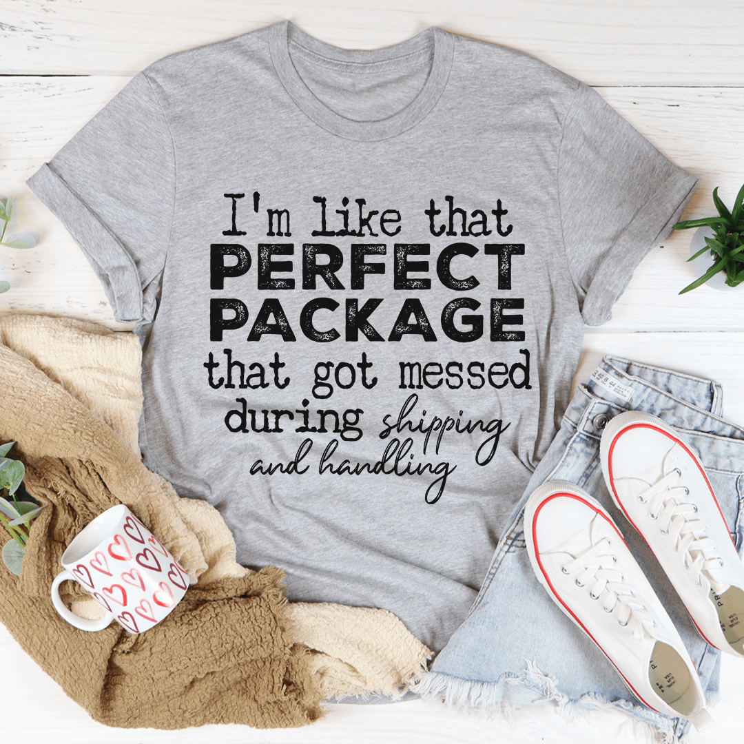 Gray heather graphic T-shirt with “Perfect Package” shipping and handling text on front