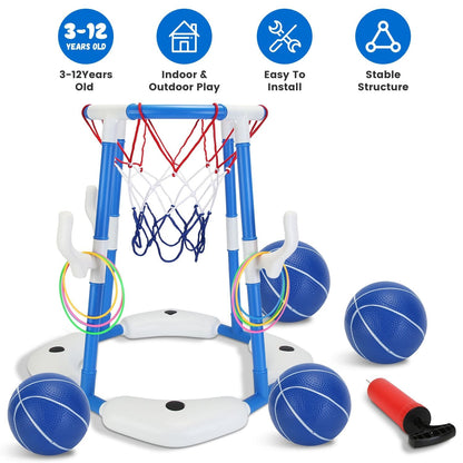Summer Pool Basketball Hoop Toy Set With 4 Basketballs 4 Circles Pump Floating Swimming Pool Basketball Games Poolside Water Play Toy For 3-12Years Old Kids Adults