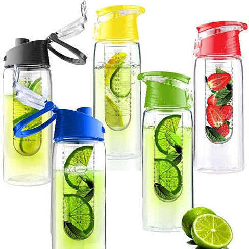 Fruit infuser drink bottle set with assorted colored caps; clear bodies with fruit slices
