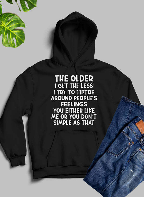 Black hoodie with bold front slogan print and drawstring hood, kangaroo pocket.