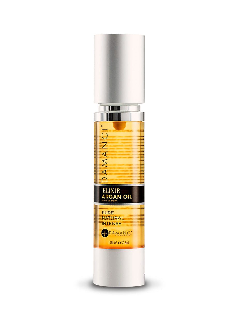 DAMANCI argan oil elixir bottle with silver cap and amber label