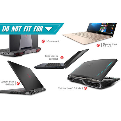 Laptop fan cooler fit guide showing rear vent coverage and curve vent examples