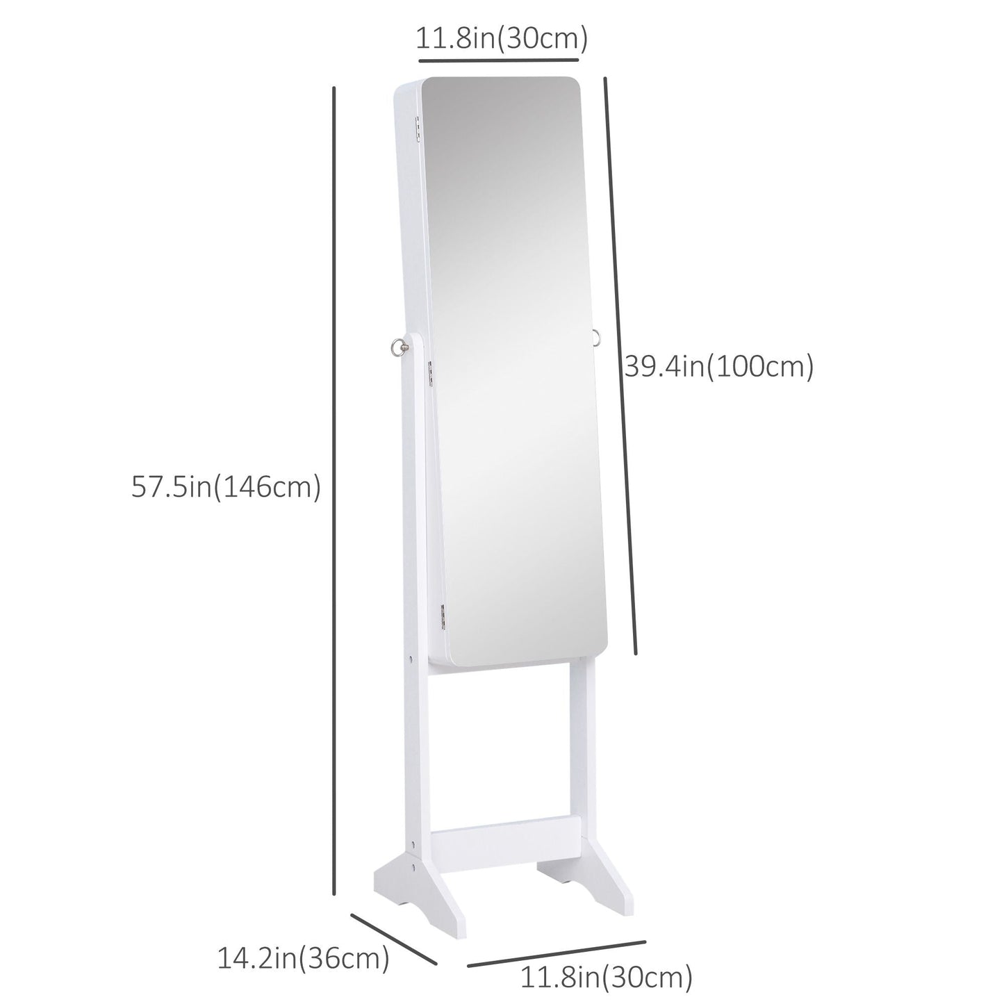 Mirrored Jewelry Armoire LED Lights Freestanding Organizer Adjustable Angle Lockable Cabinet White