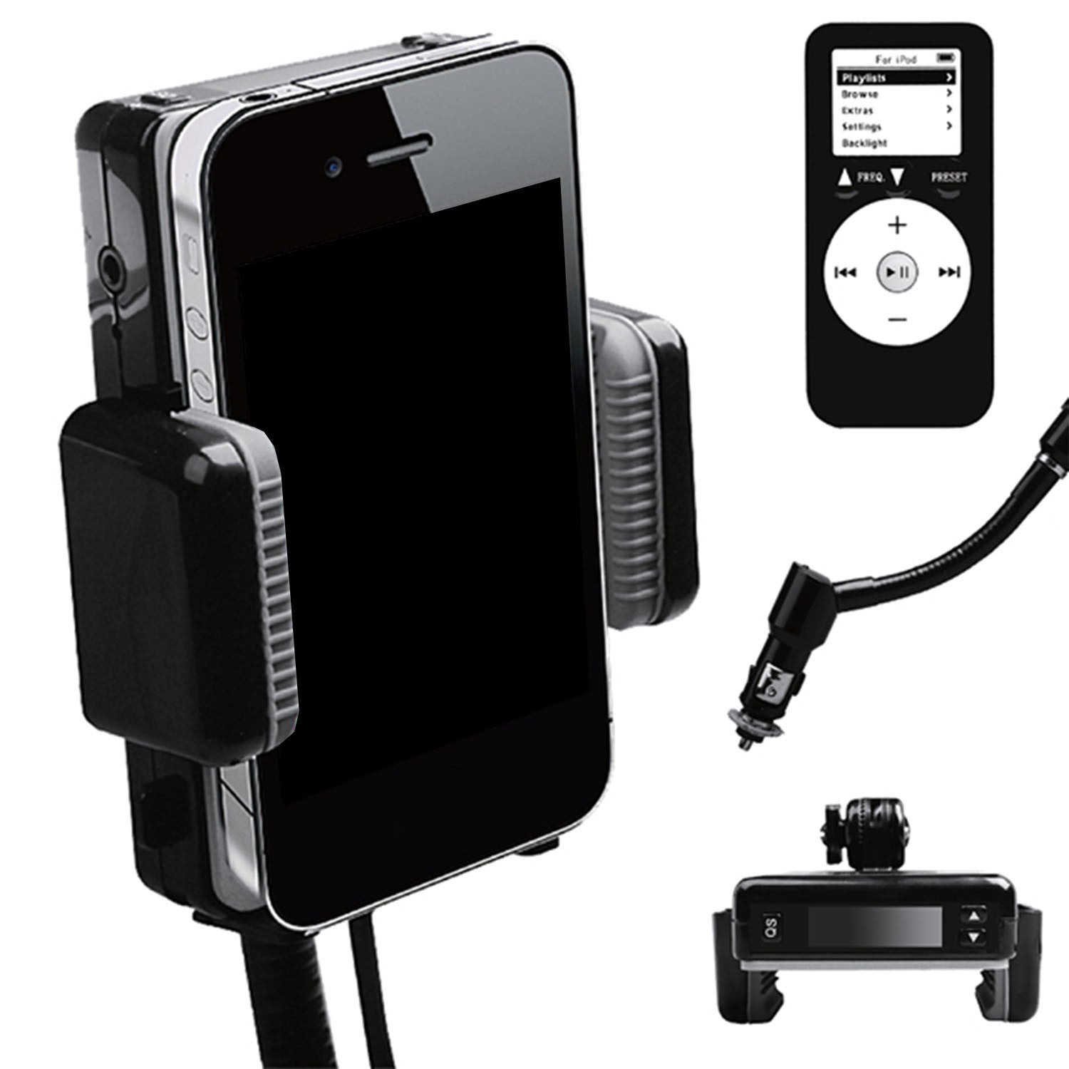 Black hands-free car phone mount with FM transmitter, remote control, and suction clip