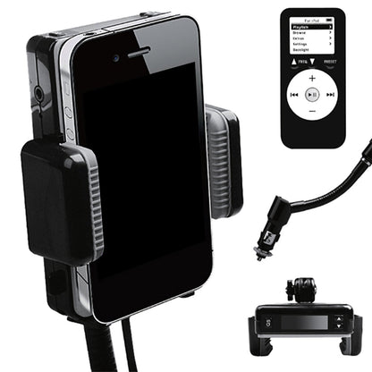 Black hands-free car phone mount with FM transmitter, remote control, and suction clip