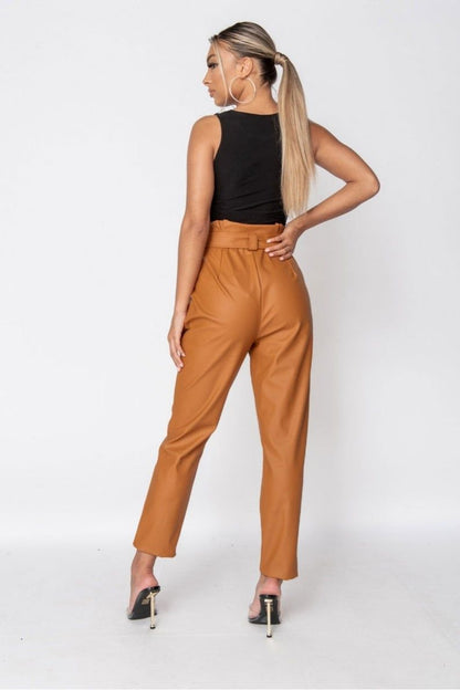 RUST FAUX LEATHER PAPERBAG WAIST TROUSERS