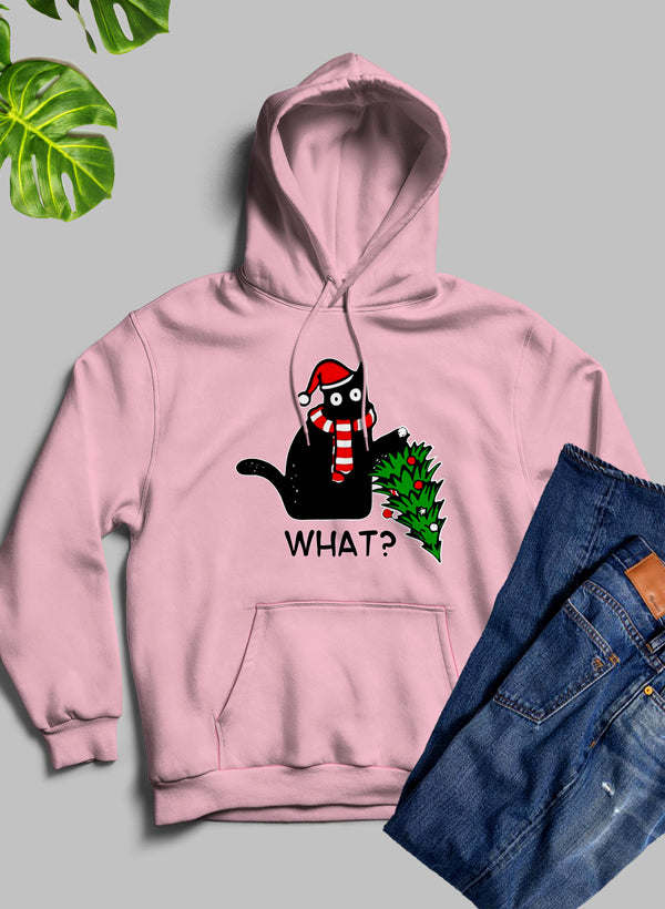 Mauve cat Christmas tree hoodie with hood, front pocket, and 'WHAT?' graphic