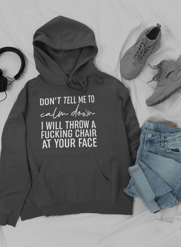 Black heather hoodie with front slogan graphic, drawstring hood and kangaroo pocket