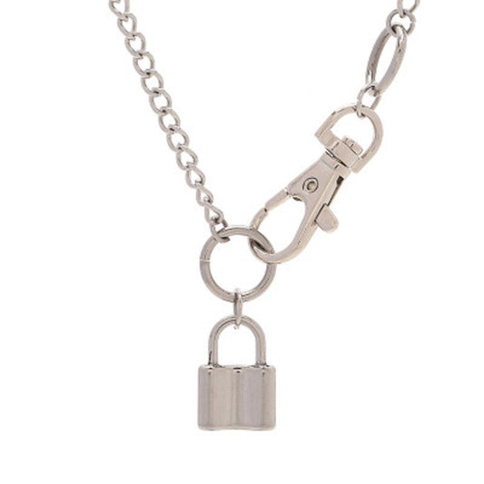 Silver-tone long chain necklace with carabiner lock and padlock pendant