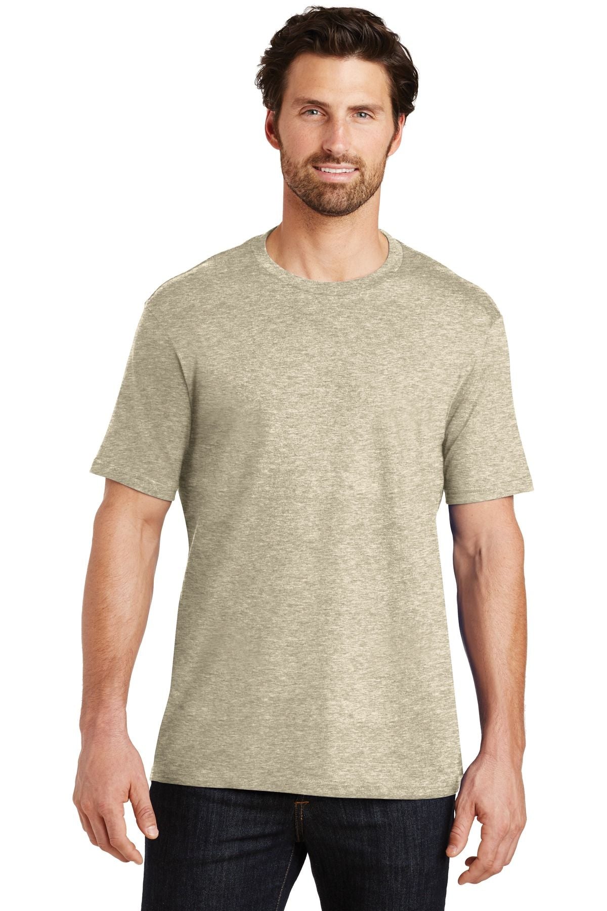 Heathered oatmeal crew-neck t-shirt with short sleeves and a straight bottom hem