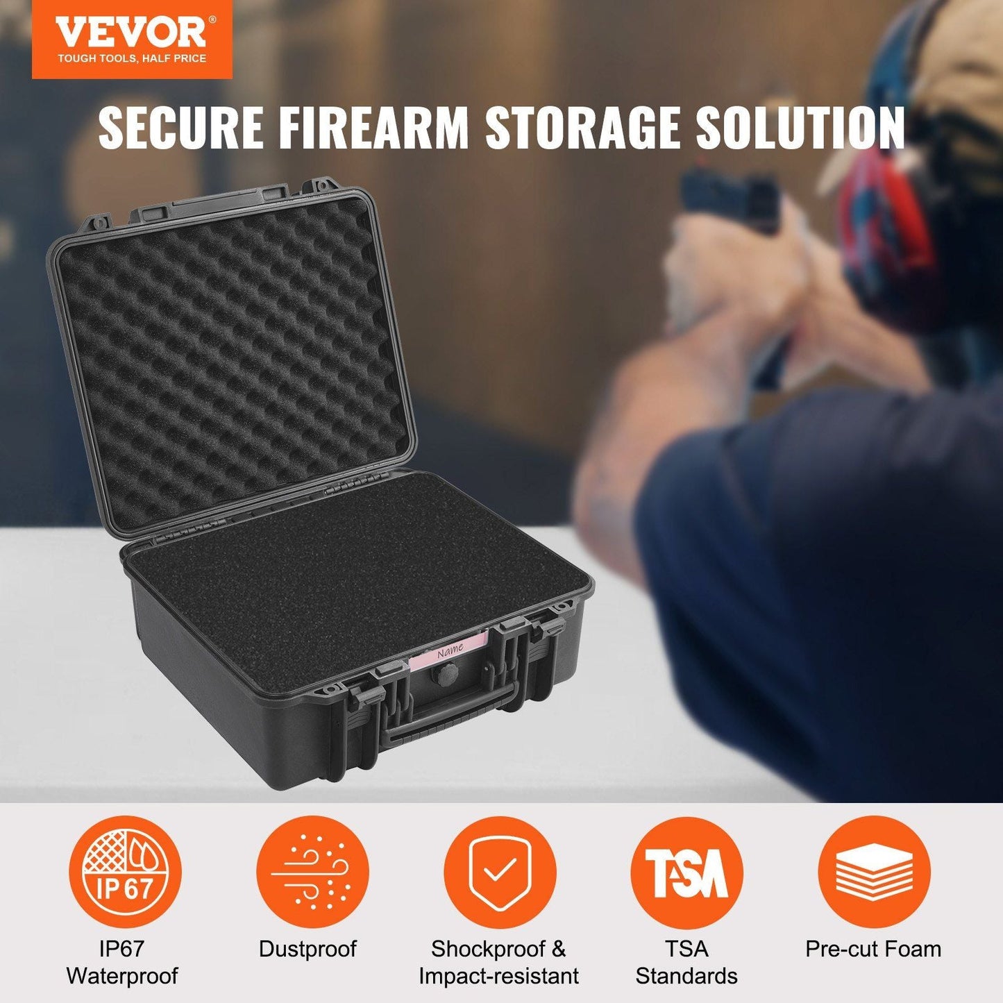 VEVOR Hard Pistol Cases with Pre-cut PU Foam, Waterproof & Dustproof Hard Gun Case for 6 Pistol, 19.3×17.1×8.3 in Lockable Pistol Case, Black