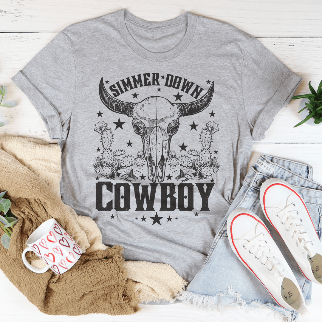 Heather gray cowboy graphic T-shirt with longhorn head and bold “COWBOY” print